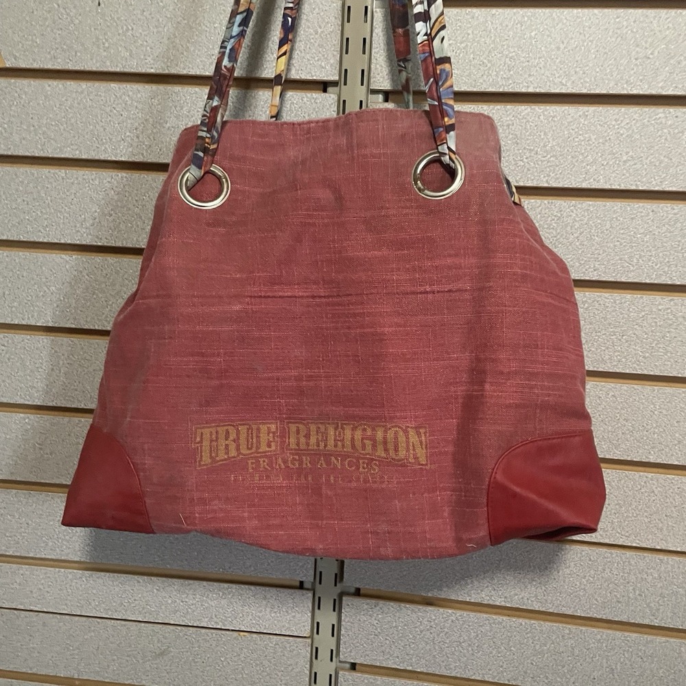 TRUE RELIGION Fragrances Hippie Chic Tote Bag Purse Red/Multi Color Drawstring!‎